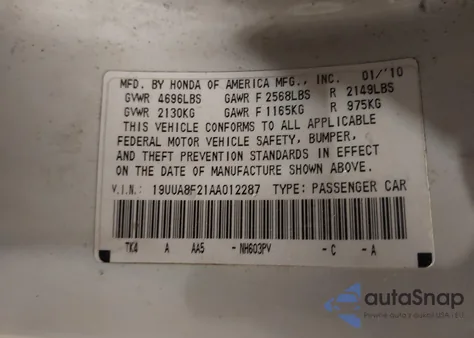2010 Acura Tl 3.5 z USA, uszkodzony, nr VIN 19UUA8F21AA012287